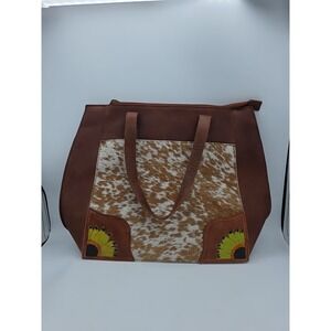 Western Hand Tooled Leather- Western Cowhide Top Handle Large Sunflower Tote